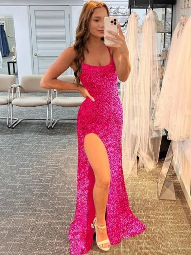 Sleeveless Spaghetti Straps Velvet Sequin Fuchsia Sweep Train Prom Dress / Evening Gown Leicester