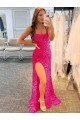 Sleeveless Spaghetti Straps Velvet Sequin Fuchsia Sweep Train Prom Dress / Evening Gown Leicester