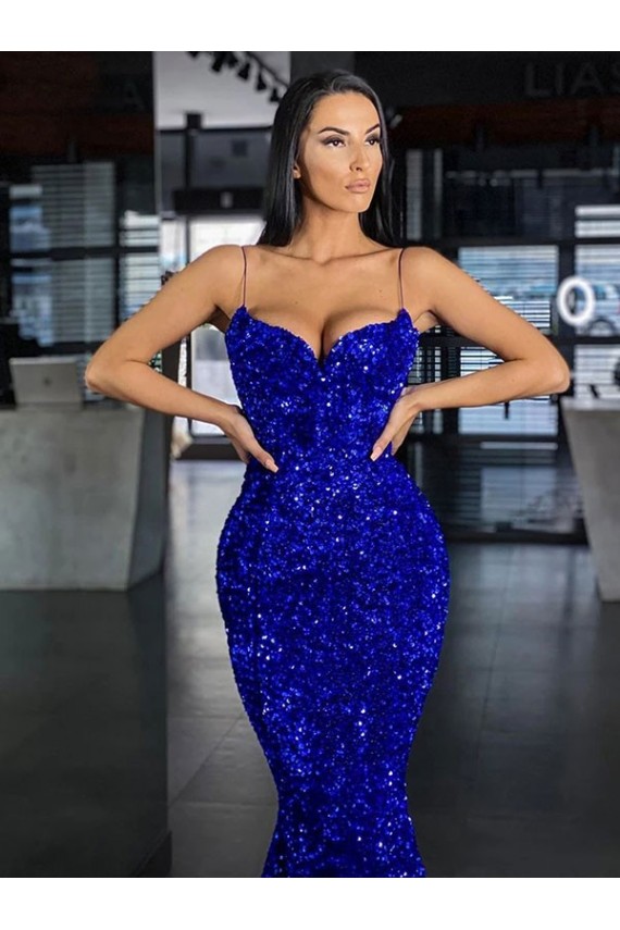 Sleeveless Spaghetti Straps Velvet Sequin Royal Blue Mermaid Sweep Train Evening Gown / Prom Dress Leicester