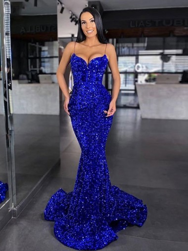 Sleeveless Spaghetti Straps Velvet Sequin Royal Blue Mermaid Sweep Train Evening Gown / Prom Dress Leicester