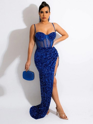 Sleeveless Spaghetti Straps Velvet Sequin Royal Blue Sweep Train Evening Dress Leicester