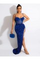 Sleeveless Spaghetti Straps Velvet Sequin Royal Blue Sweep Train Evening Dress Leicester