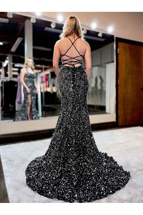 Sleeveless Spaghetti Straps Velvet Sequin Shown Color Sweep Train Prom Dress Leicester