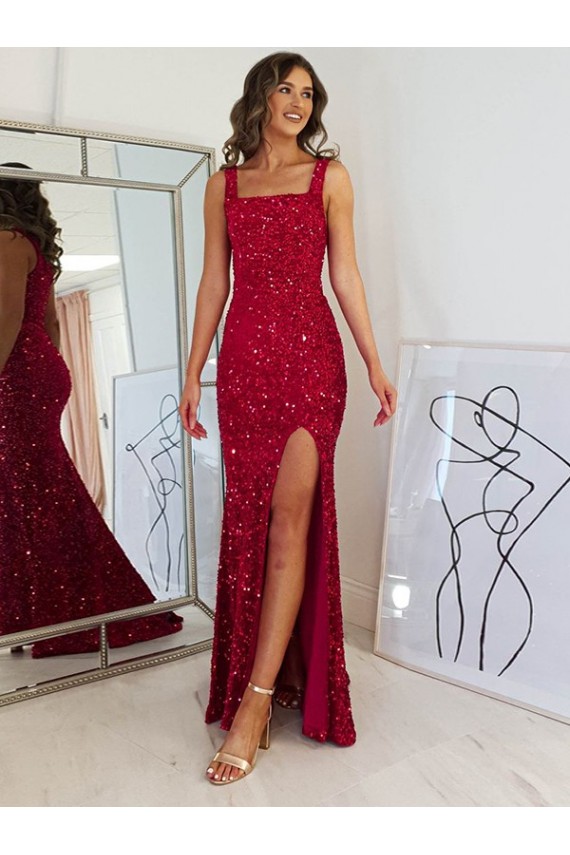 Sleeveless Square Neck Velvet Sequin Burgundy Long Prom Dress Leicester