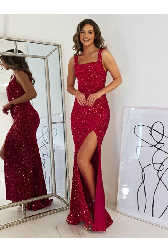Sleeveless Square Neck Velvet Sequin Burgundy Long Prom Dress Leicester