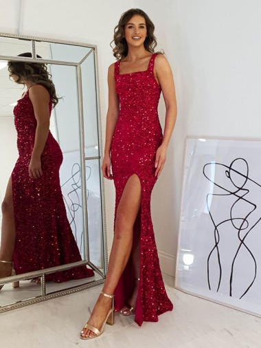 Sleeveless Square Neck Velvet Sequin Burgundy Long Prom Dress Leicester
