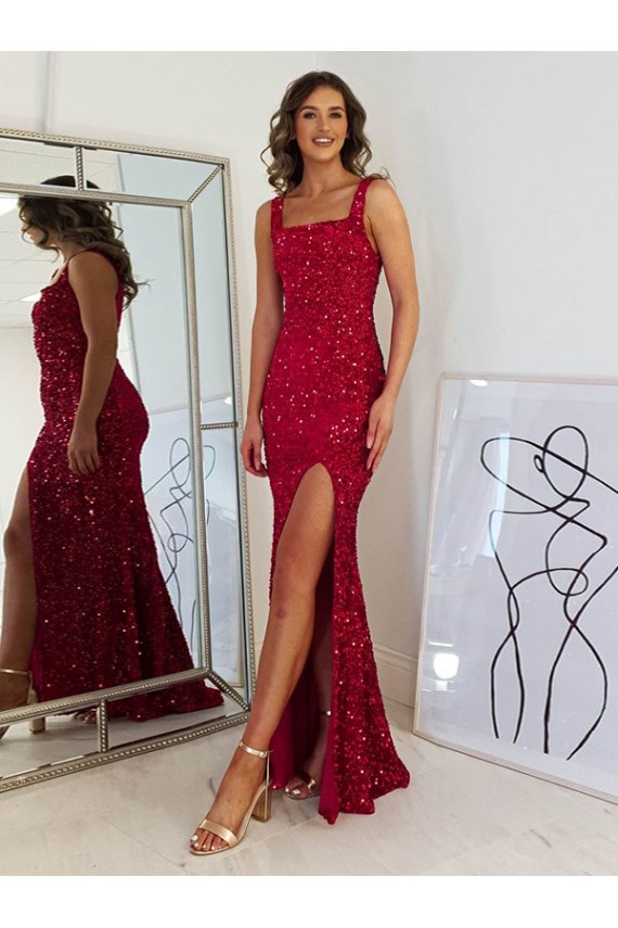 Sleeveless Square Neck Velvet Sequin Burgundy Long Prom Dress Leicester