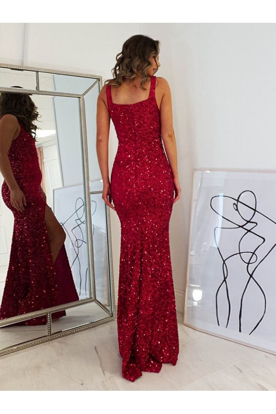 Sleeveless Square Neck Velvet Sequin Burgundy Long Prom Dress Leicester
