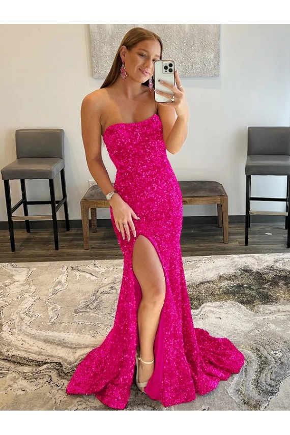 Sleeveless Strapless Velvet Sequin Fuchsia Sweep Train Prom Dress Leicester