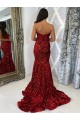 Sleeveless Sweetheart Velvet Sequin Burgundy Court Train Evening Dress Leicester