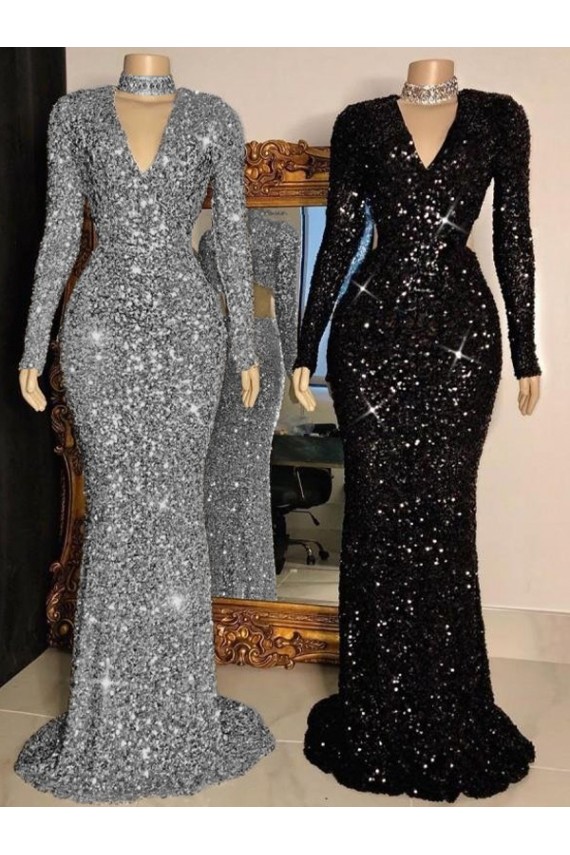 Long Sleeves V-Neck Velvet Sequin Black Sweep Train Prom Dress Leicester