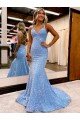 Sleeveless V-Neck Velvet Sequin Periwinkle Sweep Train Evening Gown Leicester