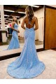 Sleeveless V-Neck Velvet Sequin Periwinkle Sweep Train Evening Gown Leicester