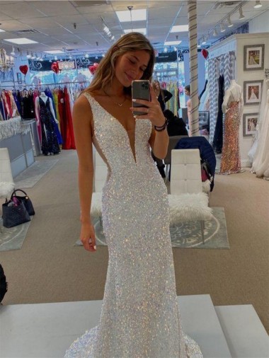 Sleeveless V-Neck Velvet Sequin Shown Color Sweep Train Prom Dresses Leicester