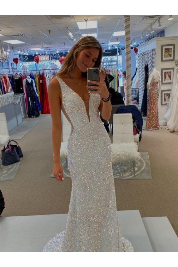 Sleeveless V-Neck Velvet Sequin Shown Color Sweep Train Prom Dresses Leicester