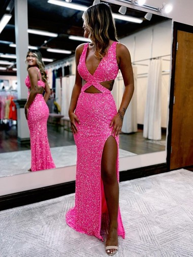 Sleeveless V-Neck Velvet Sequin Shown Color Long Sweep Train Evening Dress Leicester