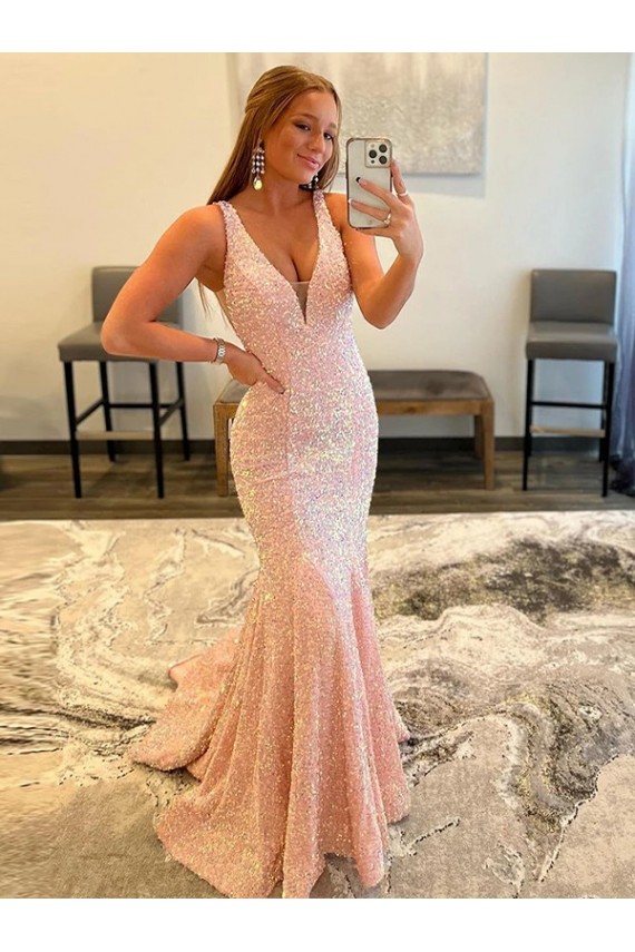 Sleeveless V-Neck Velvet Sequin Shown Color Sweep Train Evening Dress Leicester