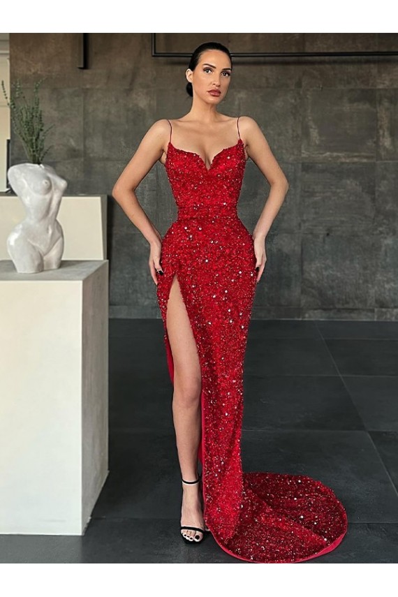Sleeveless V-Neck Velvet Sequin Red Sweep Train Evening Gown / Prom Dress Leicester