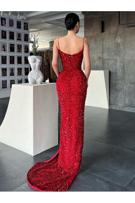 Sleeveless V-Neck Velvet Sequin Red Sweep Train Evening Gown / Prom Dress Leicester