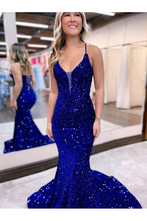 Sleeveless V-Neck Velvet Sequin Royal Blue Court Train Prom Dress Leicester
