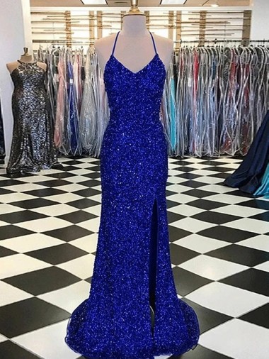 Sleeveless V-Neck Velvet Sequin Royal Blue Sweep Train Prom Dress / Evening Gown Leicester