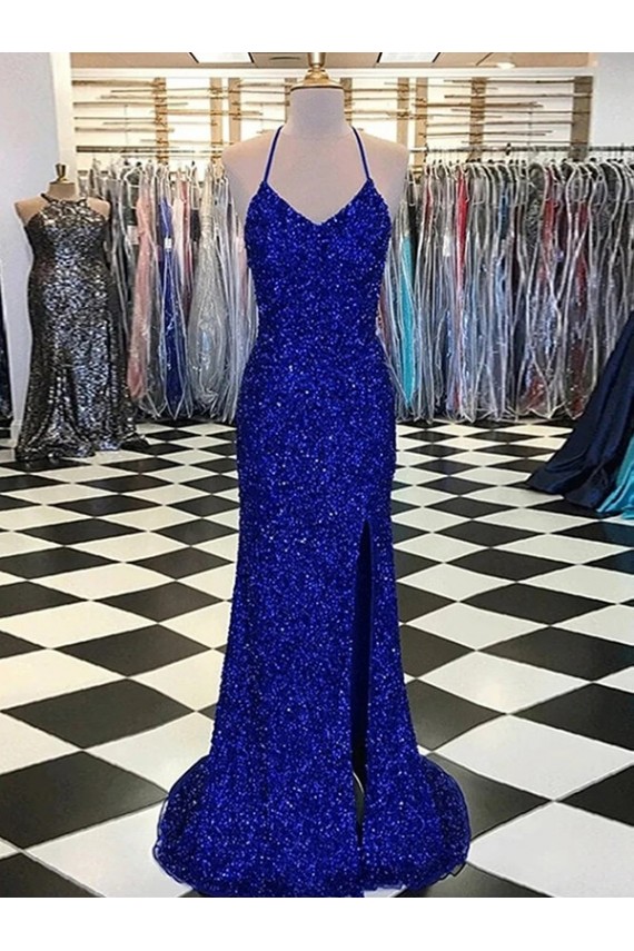 Sleeveless V-Neck Velvet Sequin Royal Blue Sweep Train Prom Dress / Evening Gown Leicester