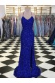 Sleeveless V-Neck Velvet Sequin Royal Blue Sweep Train Prom Dress / Evening Gown Leicester