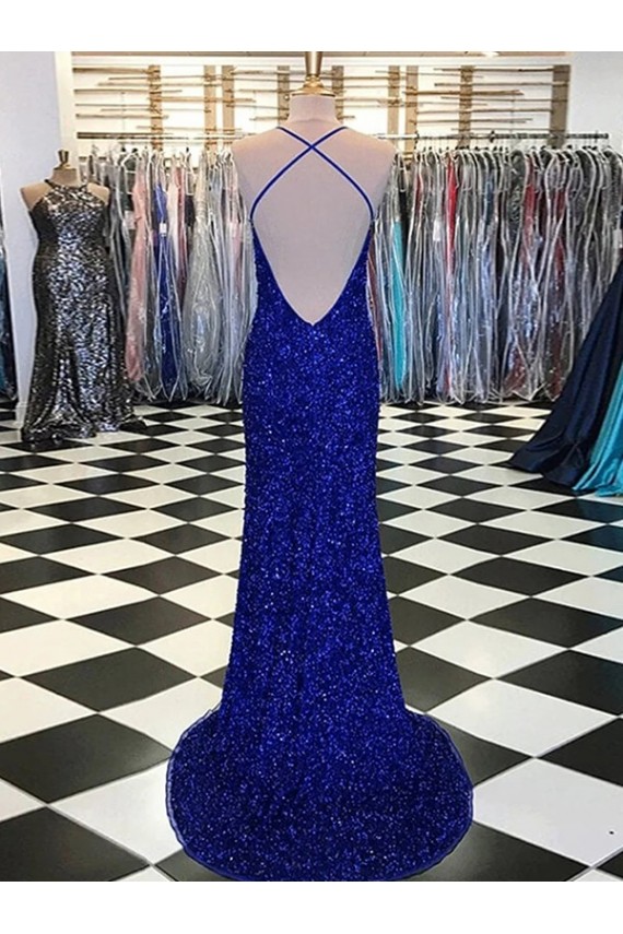 Sleeveless V-Neck Velvet Sequin Royal Blue Sweep Train Prom Dress / Evening Gown Leicester