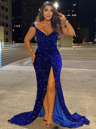 Sleeveless V-Neck Velvet Sequin Royal Blue Sweep Train Dress Leicester