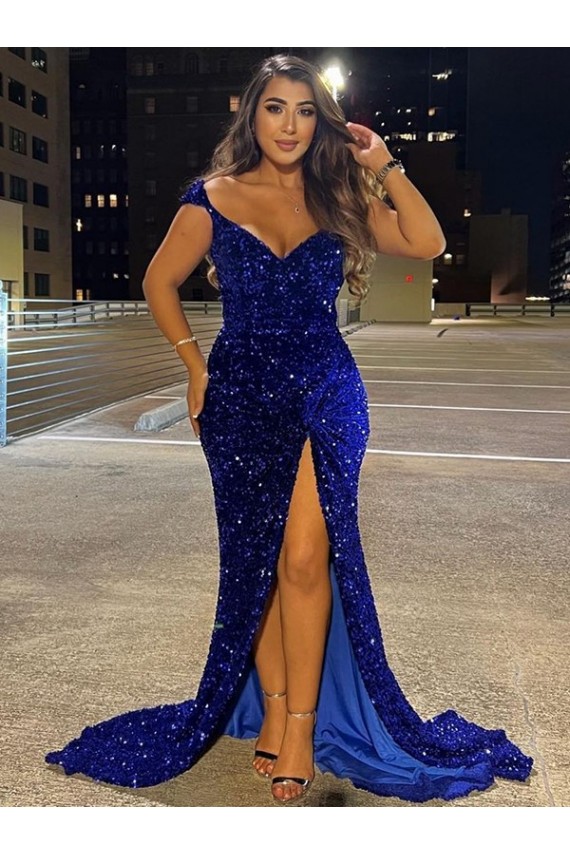 Sleeveless V-Neck Velvet Sequin Royal Blue Sweep Train Dress Leicester