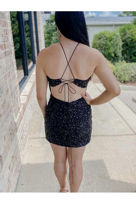 Sleeveless Halter Neck Velvet Sequin Black Short Prom Dress Leicester