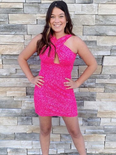 Sleeveless Halter Neck Velvet Sequin Fuchsia Short Homecoming Dress Leicester