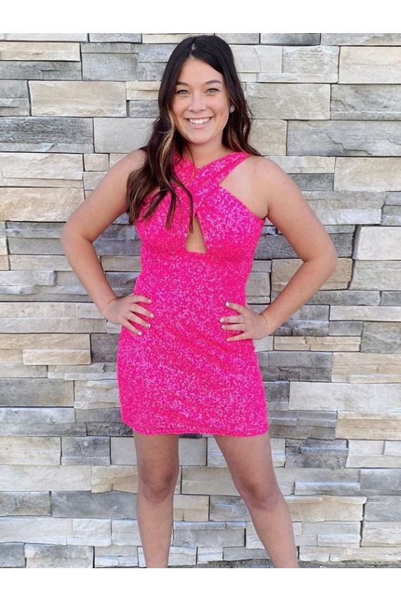 Sleeveless Halter Neck Velvet Sequin Fuchsia Short Homecoming Dress Leicester
