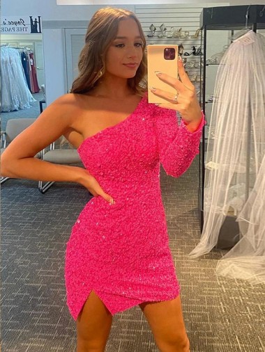Long Sleeves One Shoulder Velvet Sequin Shown Color Short Prom Dress / Evening Dress Leicester