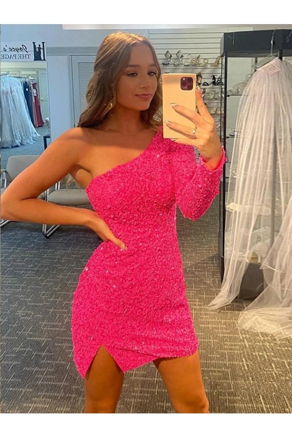 Long Sleeves One Shoulder Velvet Sequin Shown Color Short Prom Dress / Evening Dress Leicester