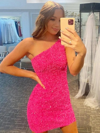 Sleeveless One Shoulder Velvet Sequin Shown Color Short Evening Gown Leicester