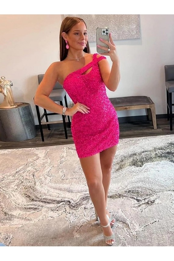 Sleeveless One Shoulder Velvet Sequin Fuchsia Short Prom Dresses Leicester