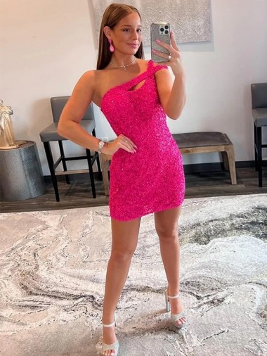 Sleeveless One Shoulder Velvet Sequin Fuchsia Short Prom Dresses Leicester