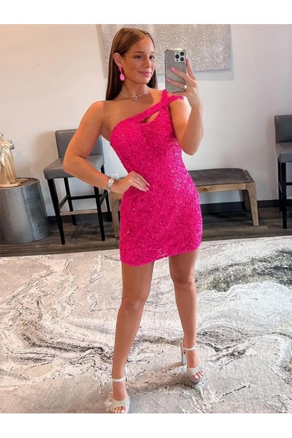 Sleeveless One Shoulder Velvet Sequin Fuchsia Short Prom Dresses Leicester