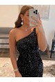 Sleeveless One Shoulder Velvet Sequin Black Short Prom Dress / Evening Gown Leicester