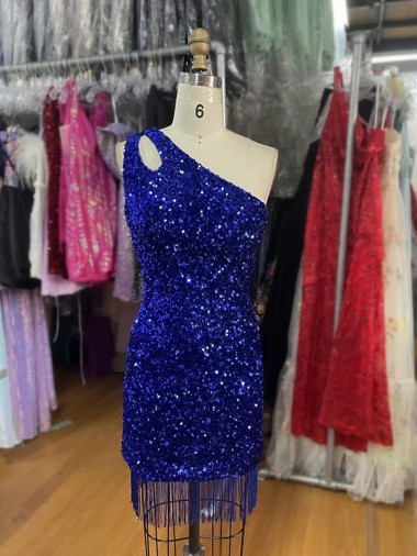 Sleeveless One Shoulder Velvet Sequins Royal Blue Short Homecoming Dress Leicester