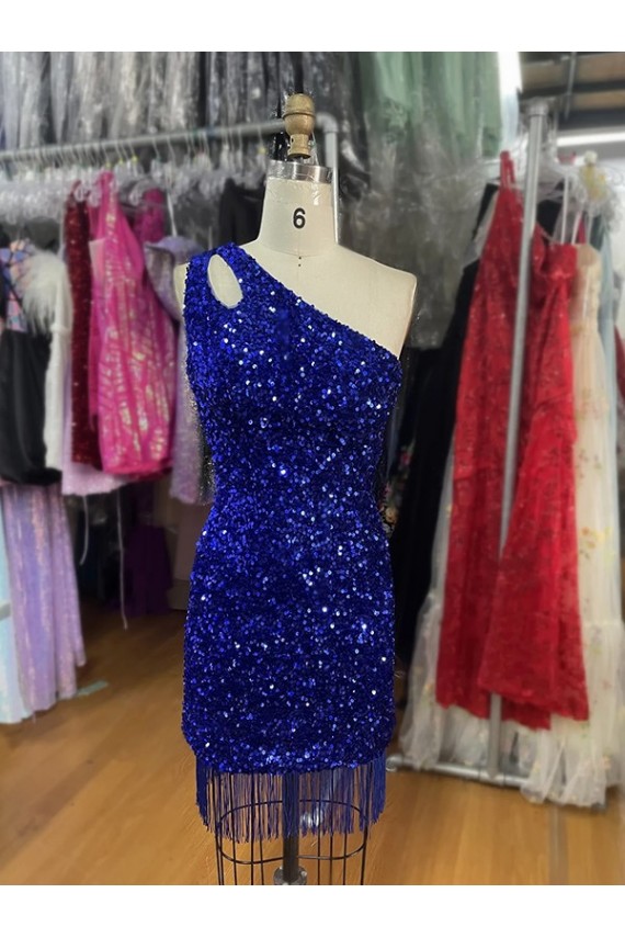 Sleeveless One Shoulder Velvet Sequins Royal Blue Short Homecoming Dress Leicester