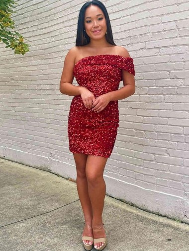Sleeveless One Shoulder Velvet Sequin Burgundy Short Prom Dress Leicester