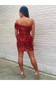 Sleeveless One Shoulder Velvet Sequin Burgundy Short Prom Dress Leicester