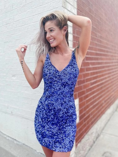 Sleeveless V-Neck Velvet Sequin Shown Color Short Evening Dress Leicester