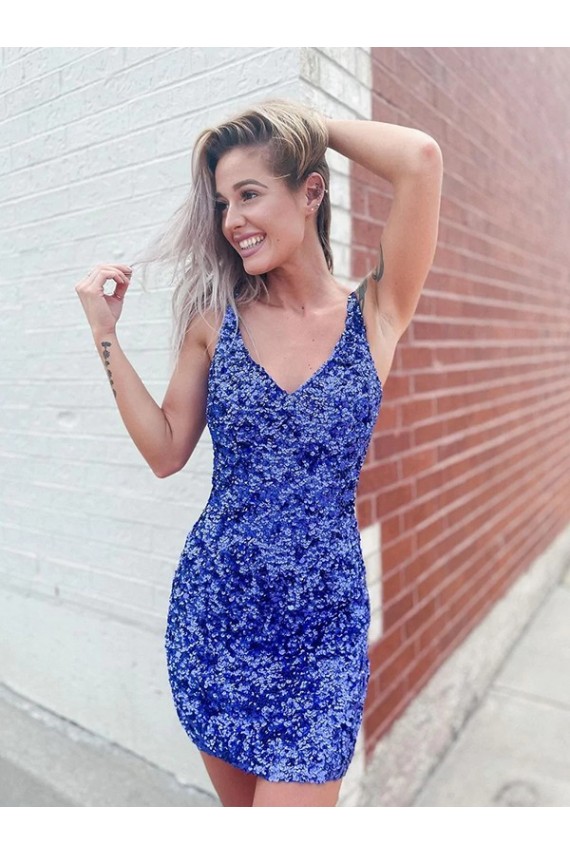 Sleeveless V-Neck Velvet Sequin Shown Color Short Evening Dress Leicester