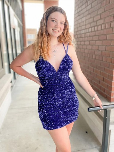 Sleeveless V-Neck Velvet Sequin Shown Color Short Cocktail Dress / Prom Dress Leicester