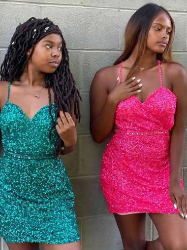 Sleeveless V-Neck Velvet Sequin Dark Green Short Prom Dress Leicester