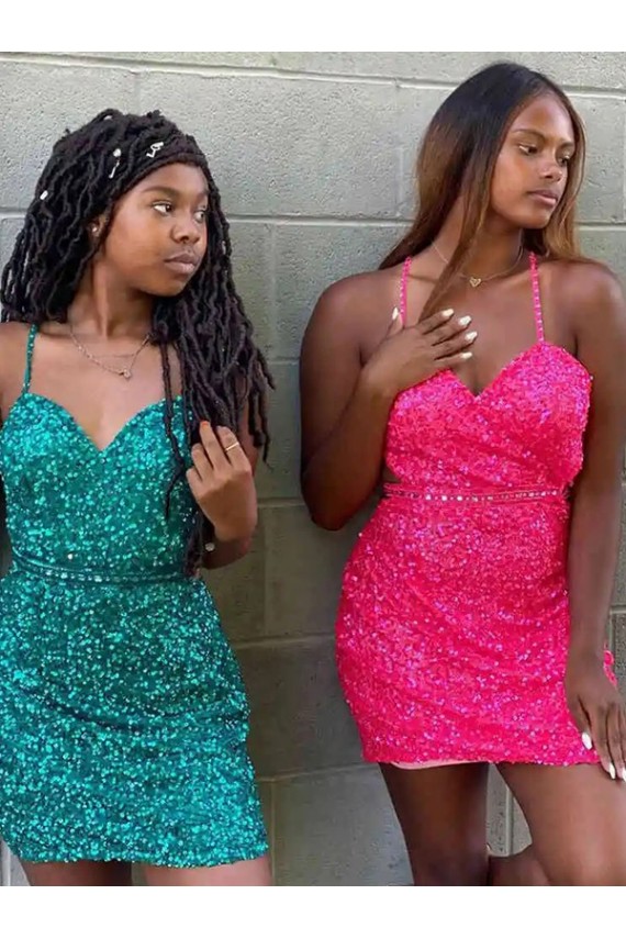 Sleeveless V-Neck Velvet Sequin Dark Green Short Prom Dress Leicester