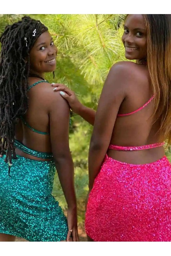 Sleeveless V-Neck Velvet Sequin Dark Green Short Prom Dress Leicester